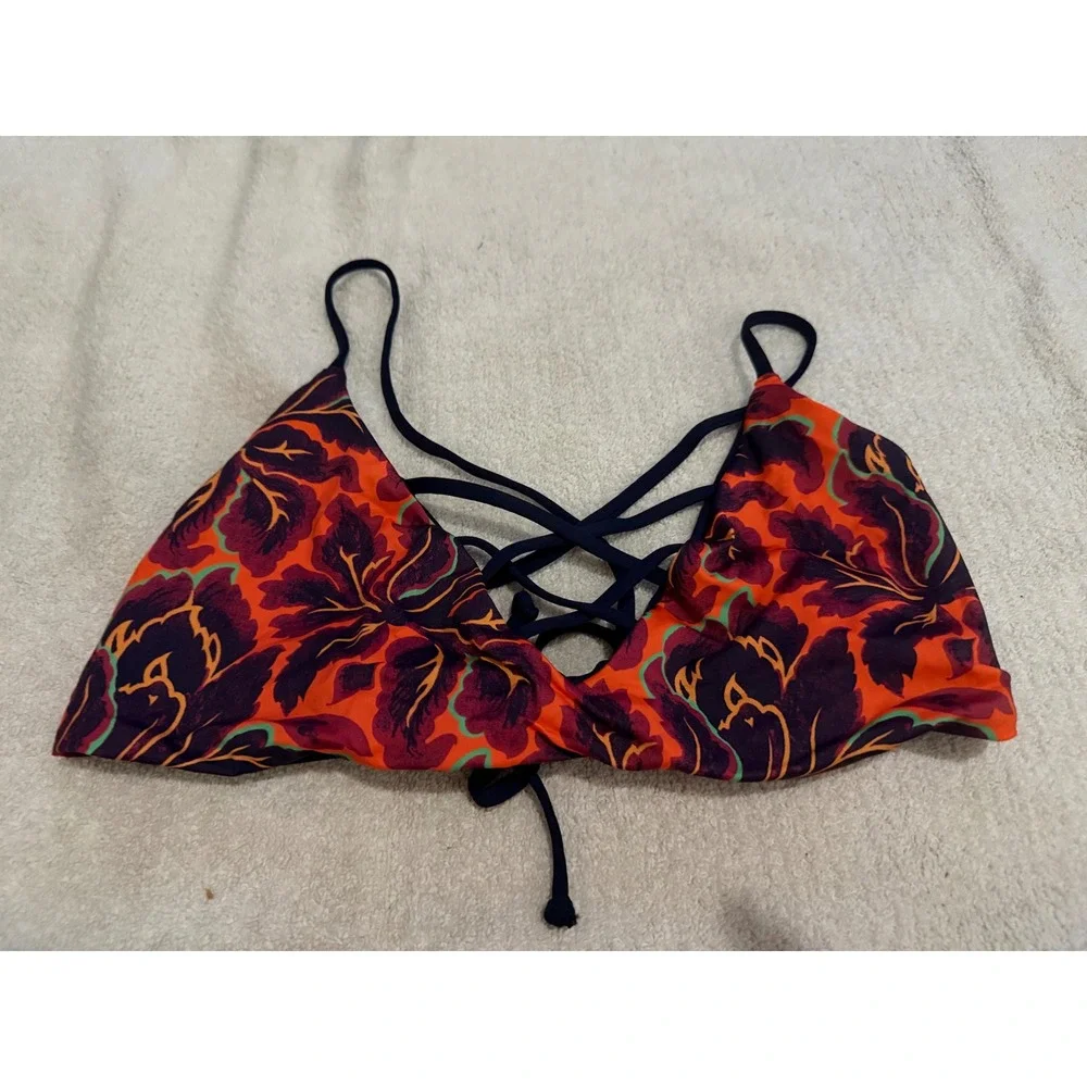 L*Space Bikini Top D/D Floral Tropical Lace Up Front Orange Purple Strappy Back
